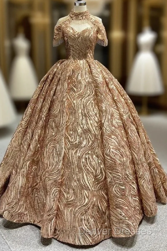 Gold Sequins Off the Shoulder Prom Dress