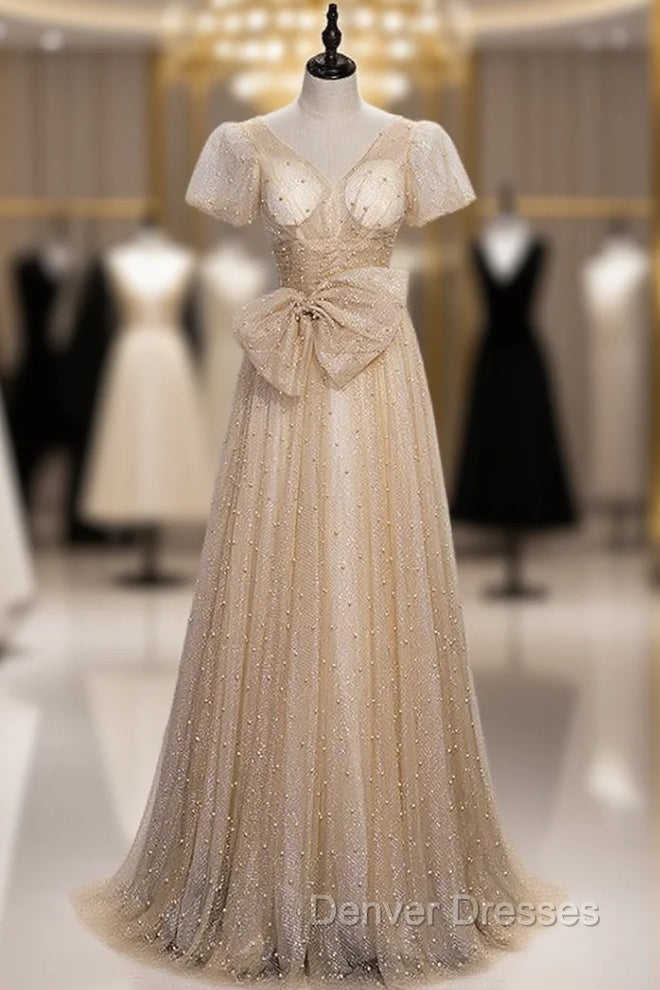 Gold Sequins Pearls V-neck Puff Sleeve Prom Dress Main image
