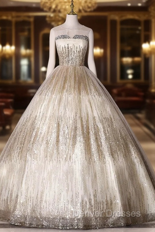 Gold Sequins Pleats Beading Quinceanera Dress