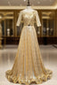 Gold Sequins Short Sleeve Prom Dress With Belt