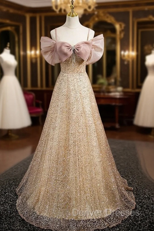 Gold Sequins Spaghetti Straps Bow Prom Dress