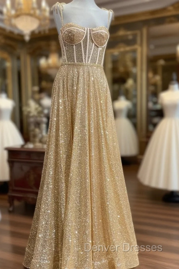 Gold Sequins Spaghetti Straps Sexy Prom Dress Main image