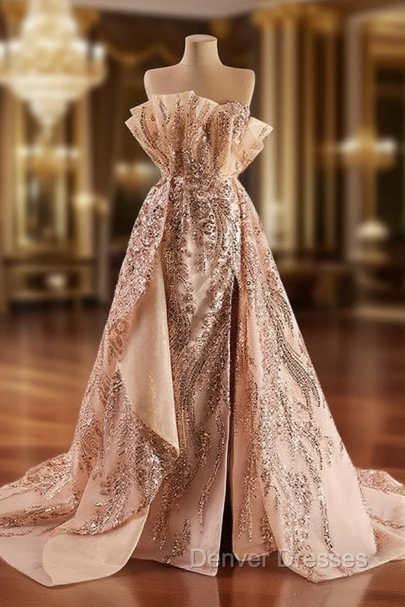 Gold Sequins Strapless Split Prom Dress