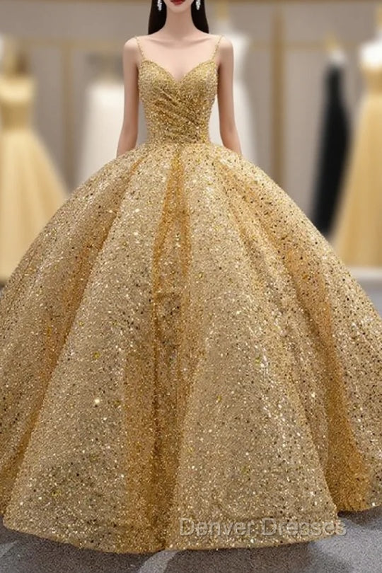 Gold Sequins Straps Pearls Prom Dress Main image