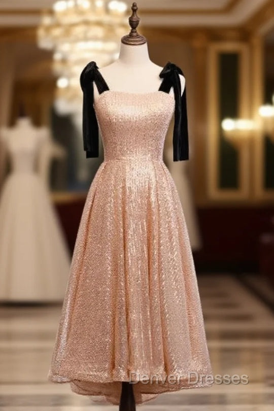 Gold Sequins Straps Tea Length Prom Dress