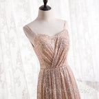 Gold Sequins Sweetheart Simple Spaghetti Straps Long Party Dress, Sequins Prom Dress Bridesmaid Dress
