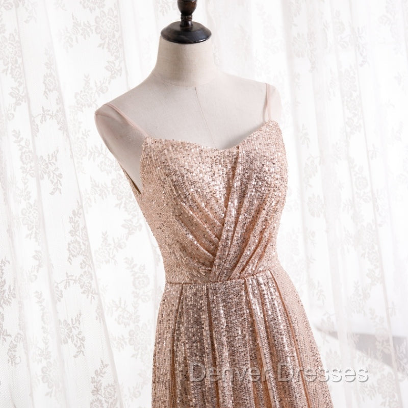 Gold Sequins Sweetheart Simple Spaghetti Straps Long Party Dress, Sequins Prom Dress Bridesmaid Dress