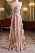 Gold Sequins Sweetheart Simple Spaghetti Straps Long Party Dress, Sequins Prom Dress Bridesmaid Dress