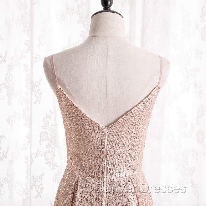 Gold Sequins Sweetheart Simple Spaghetti Straps Long Party Dress, Sequins Prom Dress Bridesmaid Dress