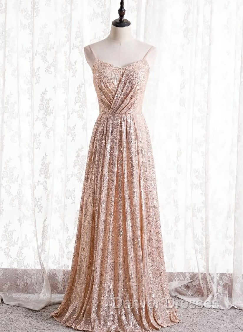Gold Sequins Sweetheart Simple Spaghetti Straps Long Party Dress, Sequins Prom Dress Bridesmaid Dress Main image