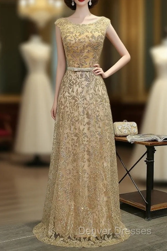 Gold Sequins Tulle Scoop Neck Bridesmaid Dress