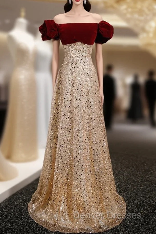 Gold Sequins Velvet Off the Shoulder Prom Dress Main image