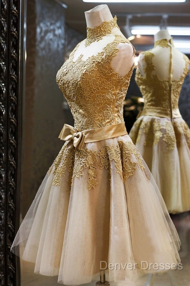 Gold Short Knee Length Lace Homecoming Dress , Short Prom Dress, Pretty Formal Dress