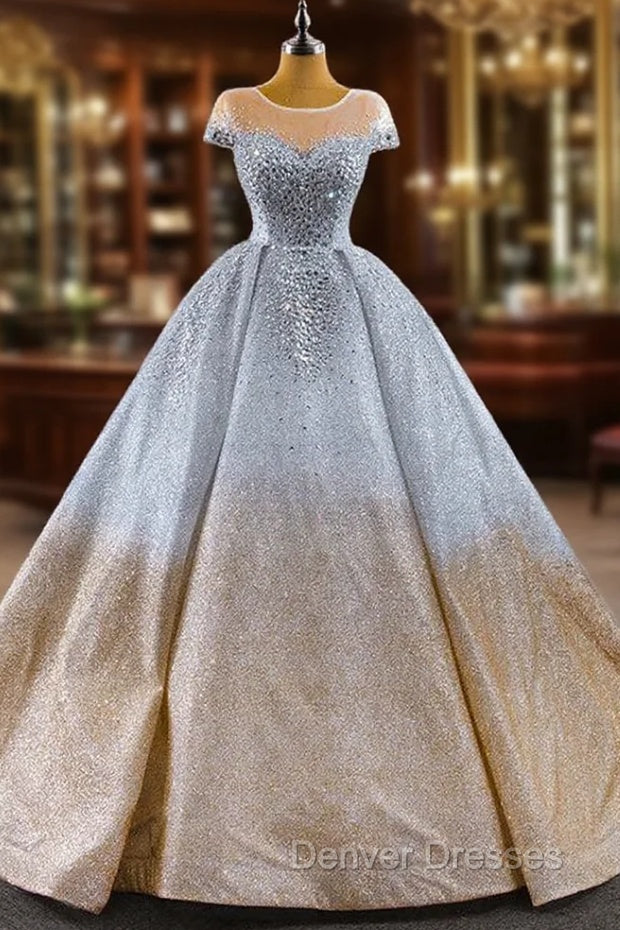 Gold Silver Ball Gown Sequins Cap Sleeve Crystal Prom Dress Main image