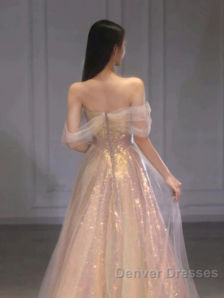 Gold Sparkle A Line Tulle Sequin Long Prom Dress Secondary image