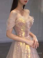 Gold Sparkle A Line Tulle Sequin Long Prom Dress