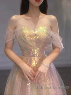 Gold Sparkle A Line Tulle Sequin Long Prom Dress