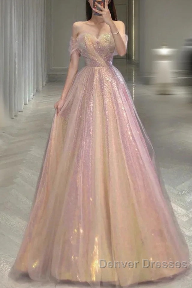 Gold Sparkle A Line Tulle Sequin Long Prom Dress