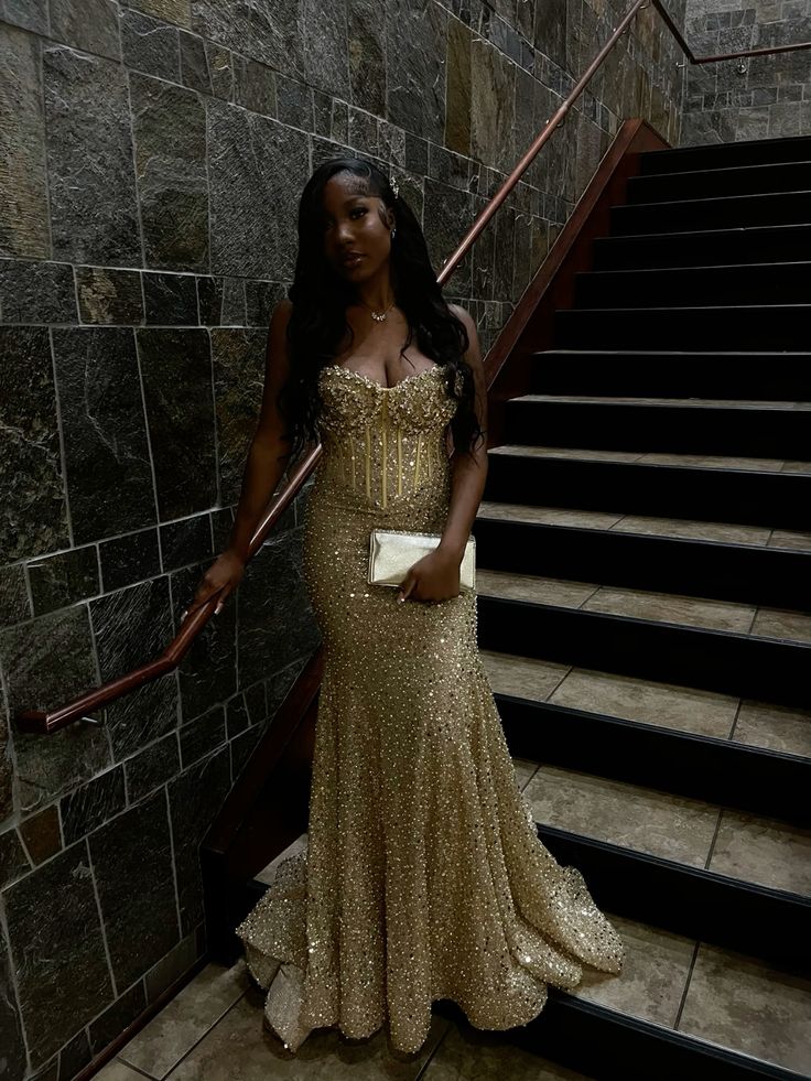 Gold Sequin Mermaid Long Prom Gown Evening Dress Main image