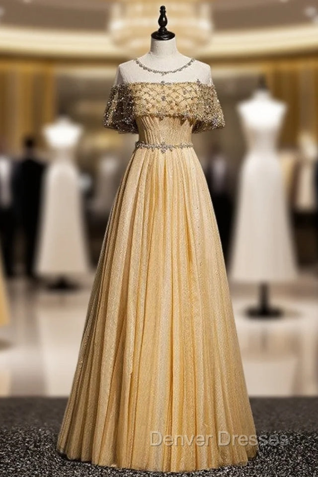 Gold Tulle Beading Sequins Lotus Leaf Sleeve Prom Dress Main image