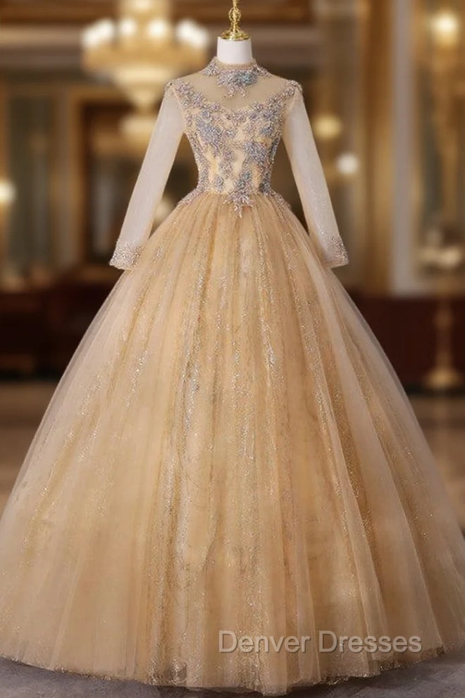 Gold Tulle High Neck Long Sleeve Backless Quinceanera Dress Main image