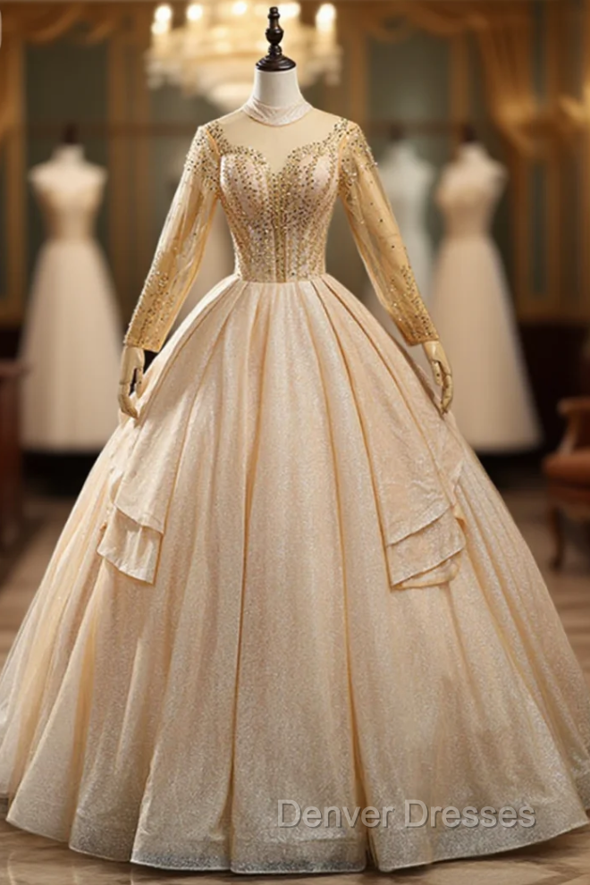 Gold Tulle High Neck Long Sleeve Beading Quinceanera Dress