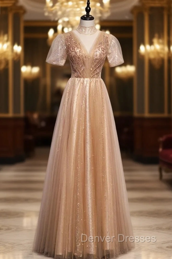 Gold Tulle High Neck Short Sleeve Beading Prom Dress
