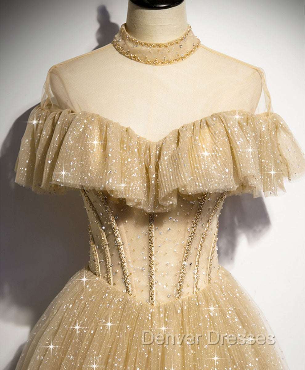Gold Tulle Lace Long Prom Dress Gold Sweet 16 Dress Secondary image