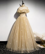 Gold Tulle Lace Long Prom Dress Gold Sweet 16 Dress