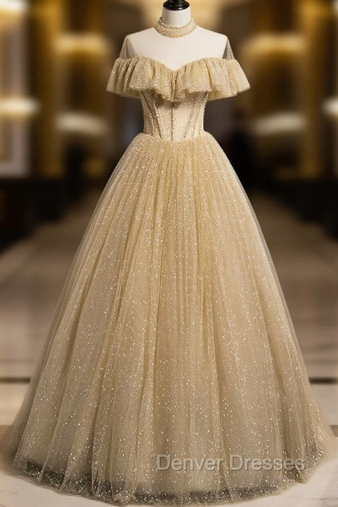 Gold Tulle Lace Long Prom Dress Gold Sweet 16 Dress Main image