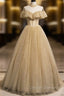 Gold Tulle Lace Long Prom Dress Gold Sweet 16 Dress