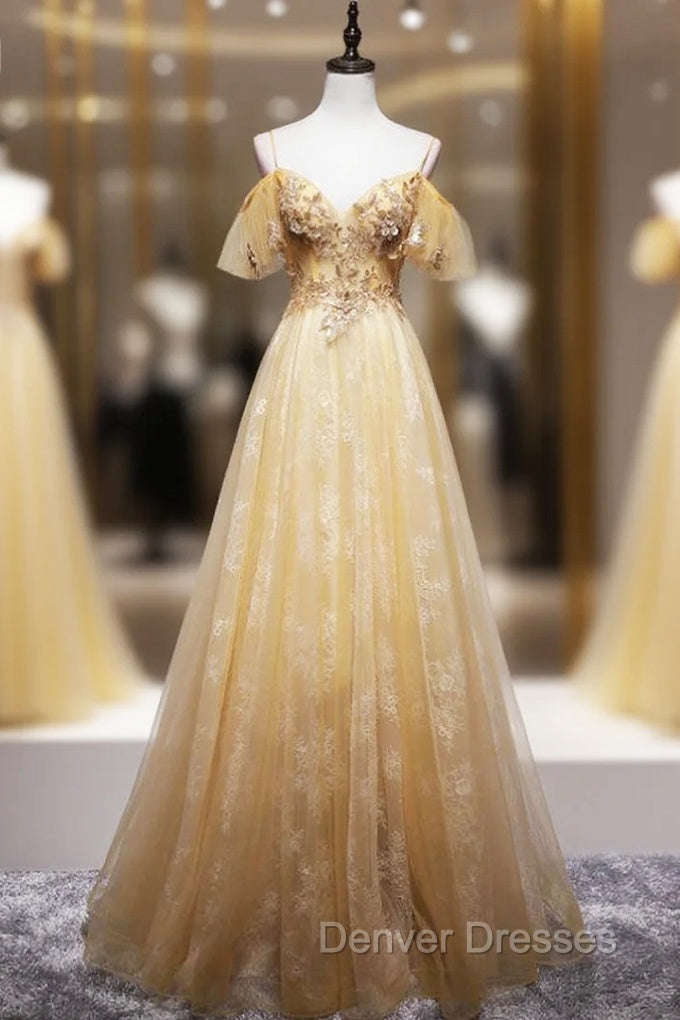 Gold Tulle Lace Sequins Appliques Backless Spaghetti Straps Prom Dress