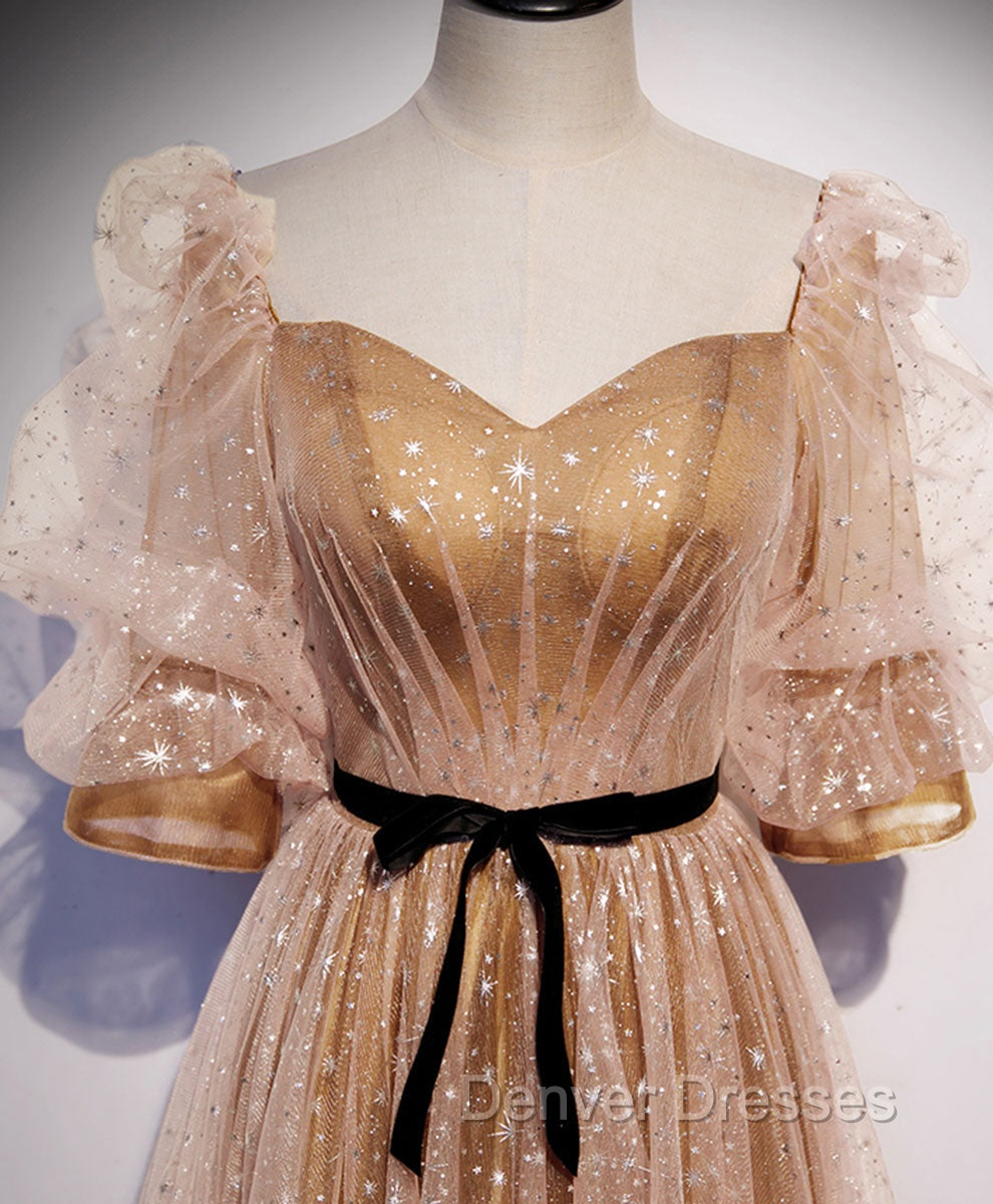 Gold Tulle Long Prom Dress, A line Gold Formal Graduation Party Dress