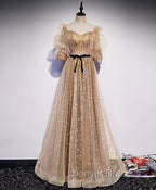 Gold Tulle Long Prom Dress, A line Gold Formal Graduation Party Dress
