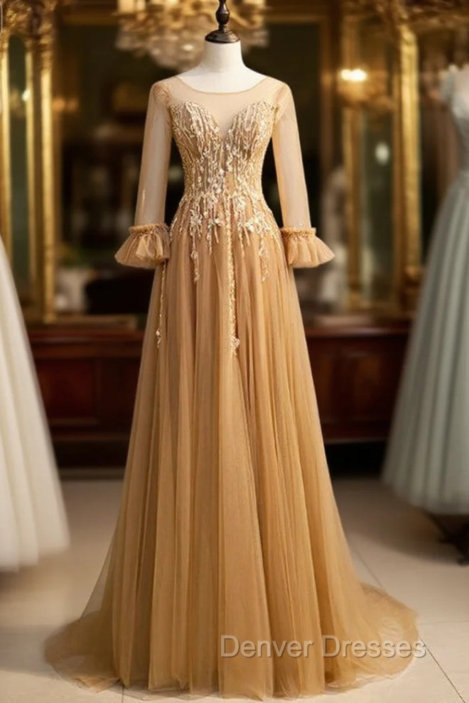 Gold Tulle Long Sleeve Backless Beading Prom Dress