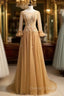 Gold Tulle Long Sleeve Backless Beading Prom Dress