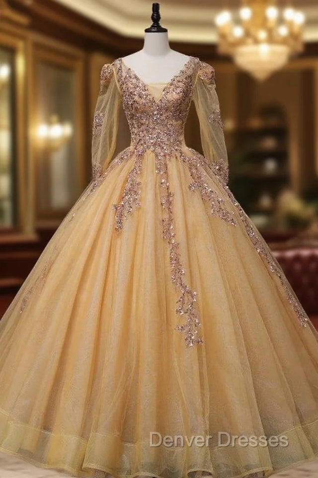 Gold Tulle Long Sleeve Backless Sequins Quinceanera Dress Main image