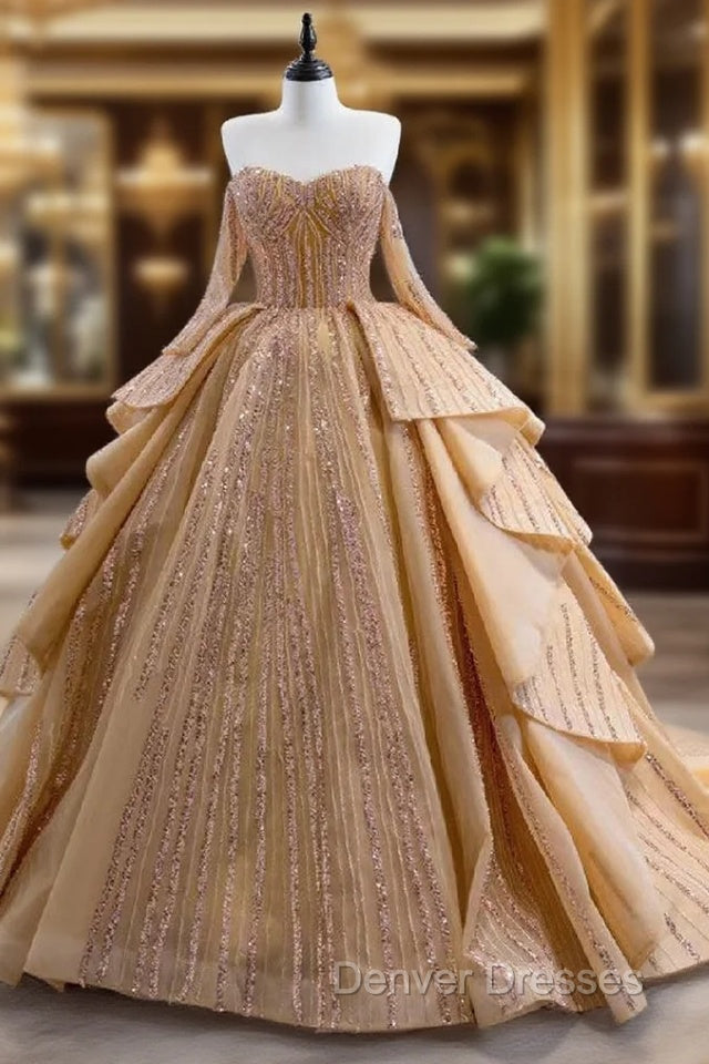 Gold Tulle Long Sleeve Sequins Prom Dress Main image
