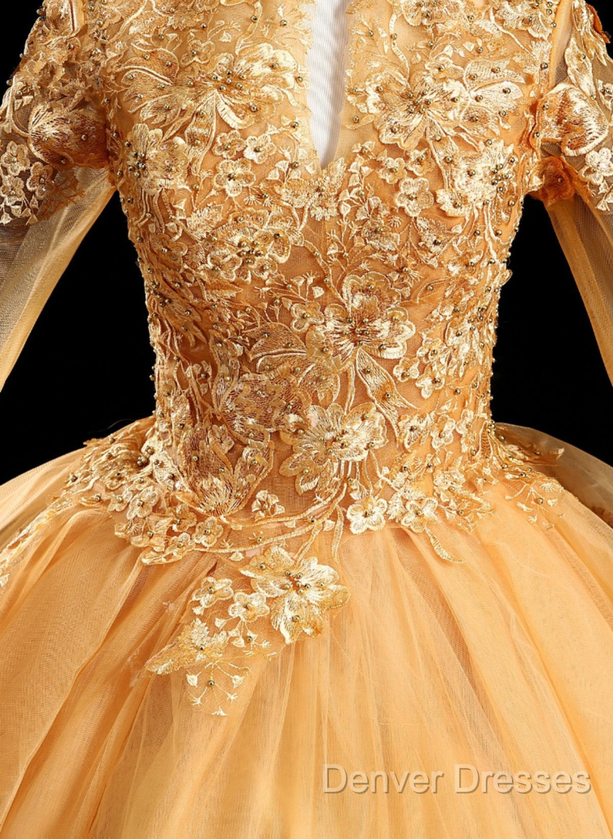 Gold Tulle Long Sleeves Lace Applique Formal Dress, Ball Gown Sweet 16 Dress Secondary image