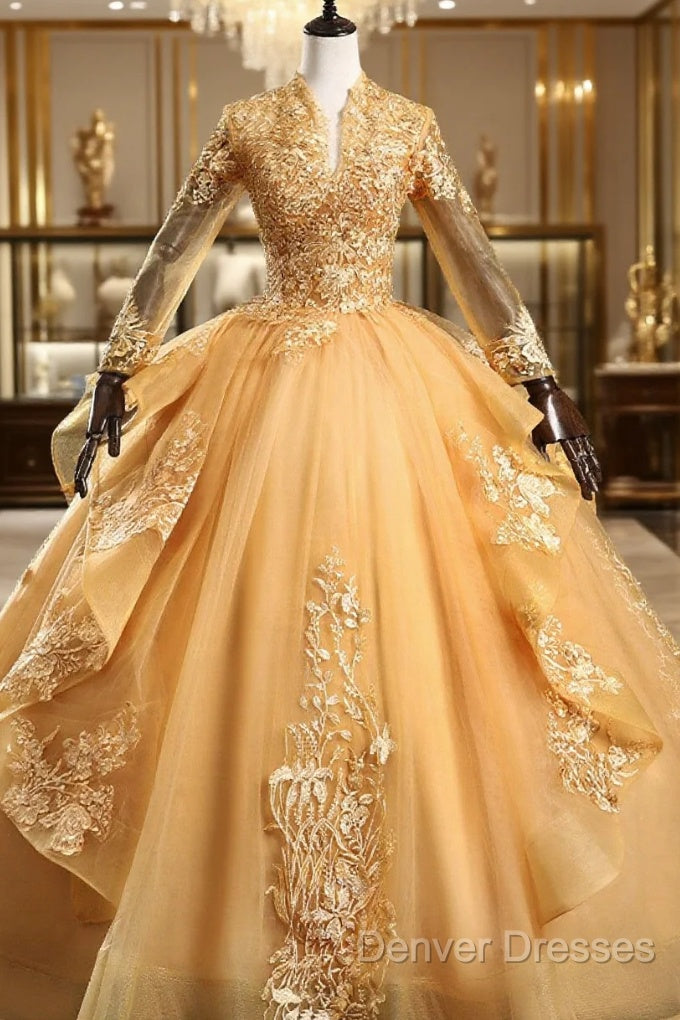 Gold Tulle Long Sleeves Lace Applique Formal Dress, Ball Gown Sweet 16 Dress Main image
