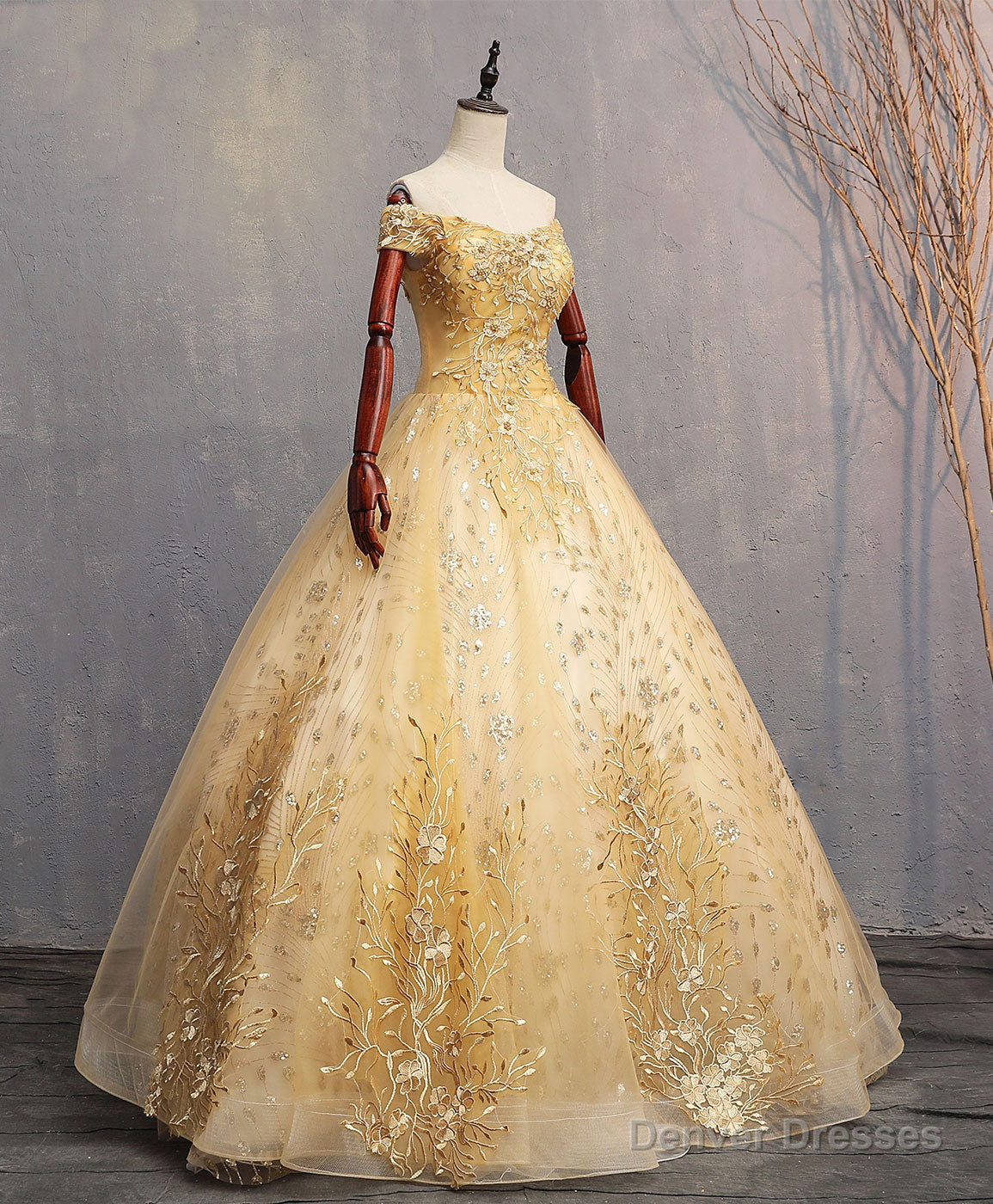 Gold Tulle Off Shoulder Lace Long Prom Dress Tulle Formal Dress Main image