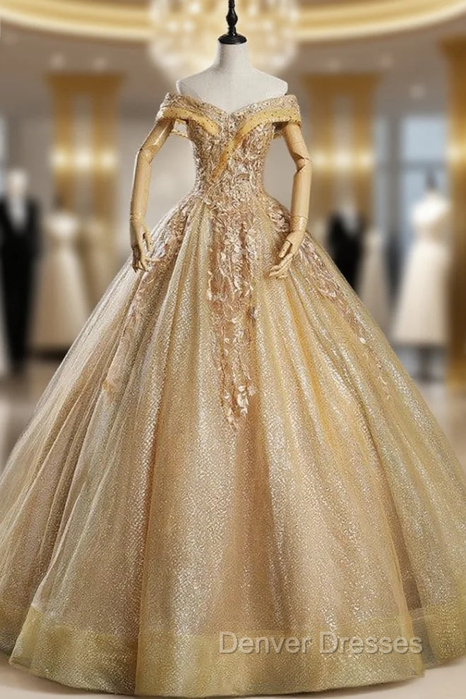 Gold Tulle Off the Shoulder Appliques Beading Quinceanera Dress Main image