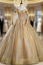 Gold Tulle Off the Shoulder Appliques Beading Quinceanera Dress