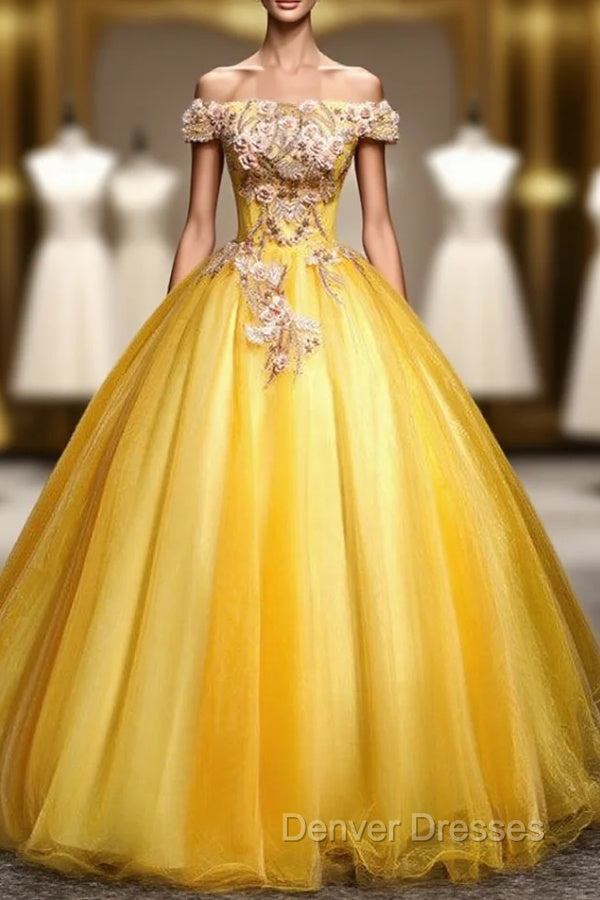 Gold Tulle Off the Shoulder Appliques Quinceanera Dress Main image