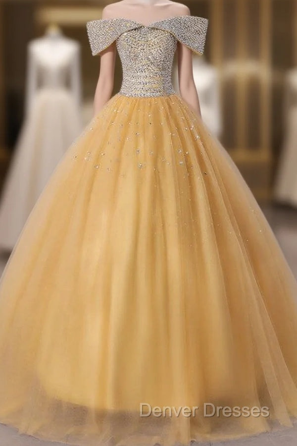 Gold Tulle Off the Shoulder Beading Quinceanera Dress Main image