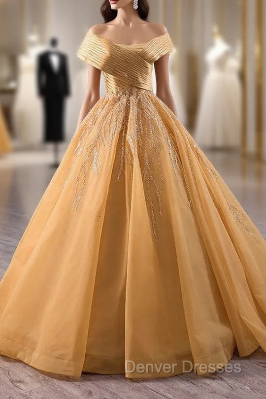 Gold Tulle Off the Shoulder Pleats Prom Dress Main image