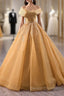 Gold Tulle Off the Shoulder Pleats Prom Dress