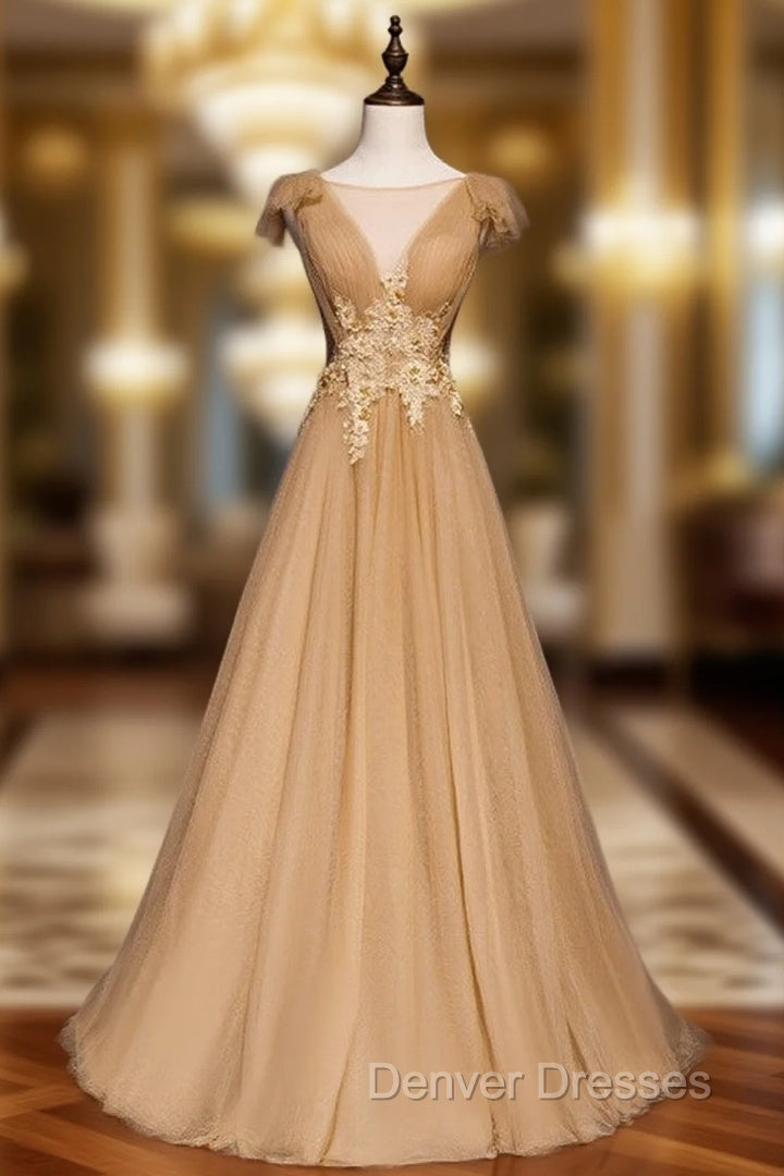 Gold Tulle Pleats Appliques Backless Prom Dress