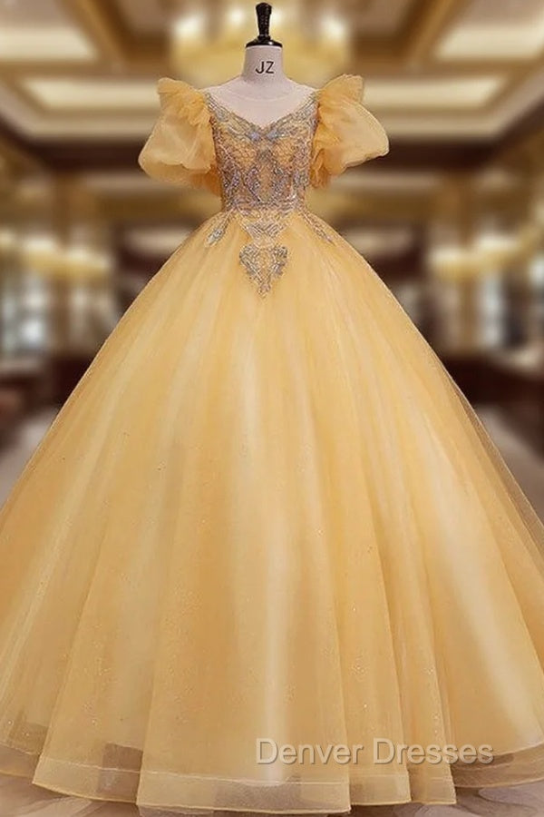 Gold Tulle Puff Sleeve Beading Pearls Quinceanera Dress Main image