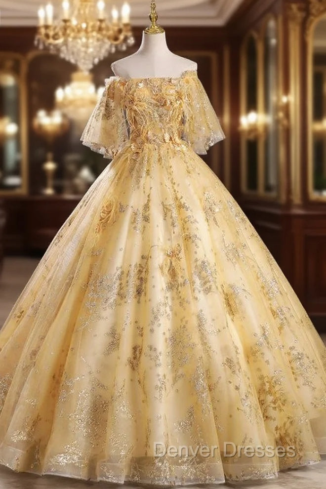 Gold Tulle Sequins Appliques Feather Quinceanera Dress
